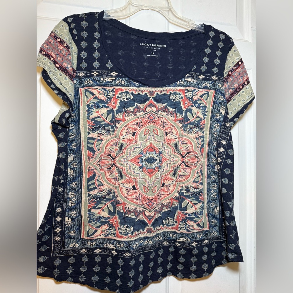 Lucky Brand 1X Woman’s Bandana Print Top Colorful Scoop Neck Bohemian Light